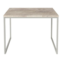Gray marble tabletop on a sleek silver metal frame, showcasing a modern minimalist design. Perfect for contemporary spaces.