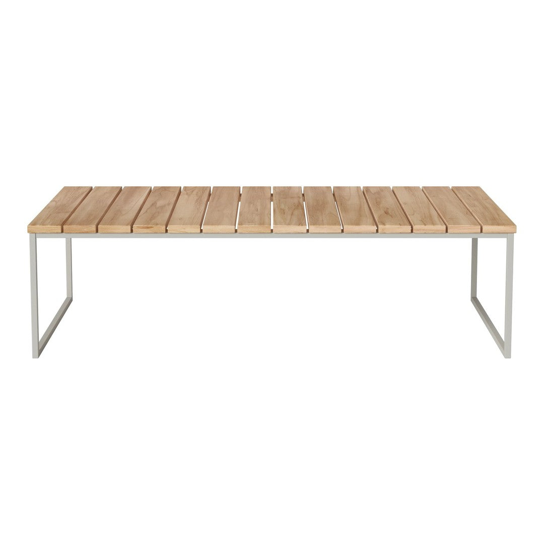 Light wood slatted coffee table with a sleek silver metal frame, featuring a minimalist design ideal for modern decor.
