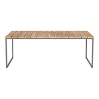 Light natural wood table with a slatted design and sleek black metal legs. Perfect for modern decor.