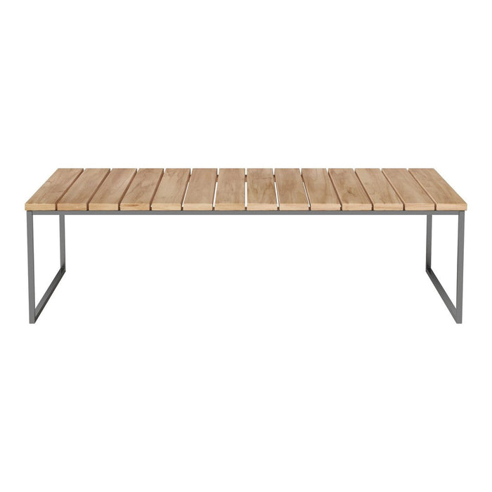 Light wood slatted tabletop with a natural finish, complemented by sleek black metal legs. Modern and minimalist design.
