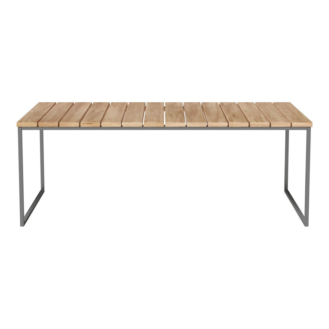 Natural wood tabletop with horizontal slats, paired with a sleek black metal frame. Stylish and modern design.