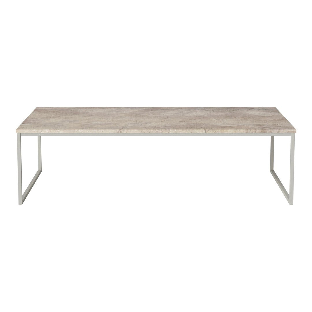 Light gray wooden tabletop with subtle grain pattern, supported by sleek silver metal legs.