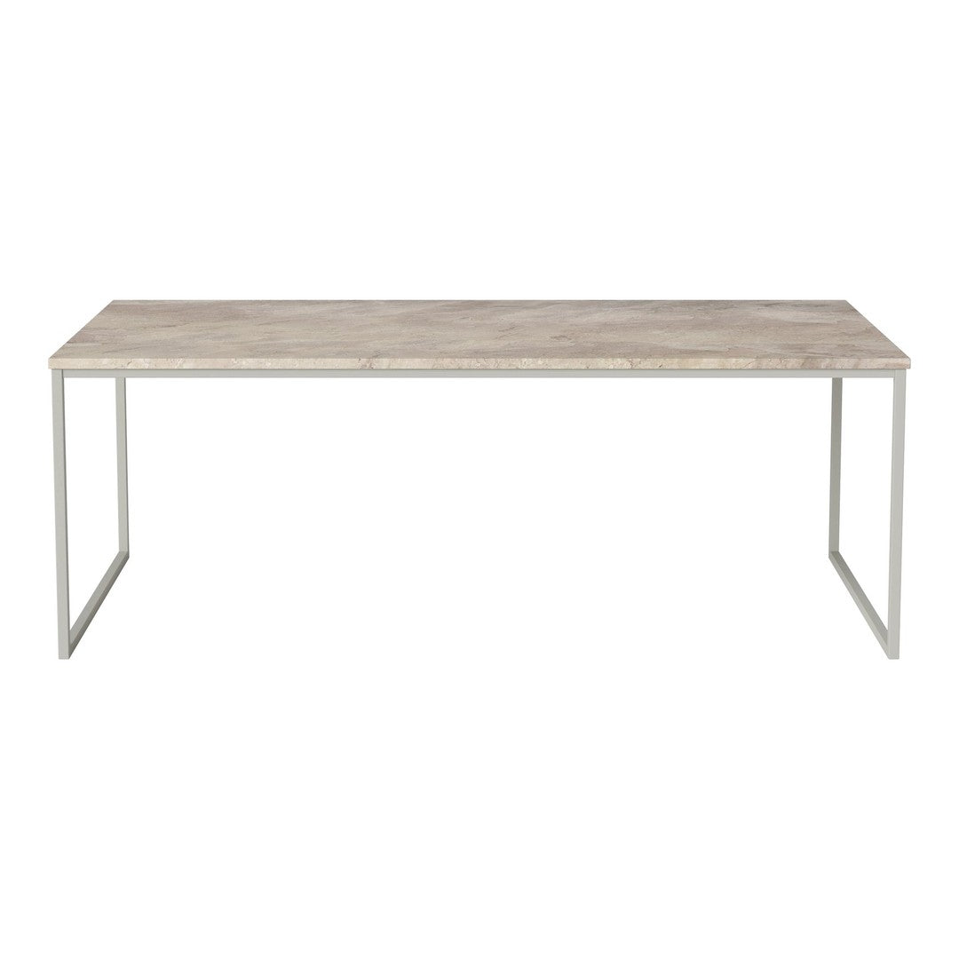 Modern white and wood-patterned table with a sleek metal frame, perfect for contemporary spaces.