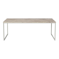 Modern white and wood-patterned table with a sleek metal frame, perfect for contemporary spaces.