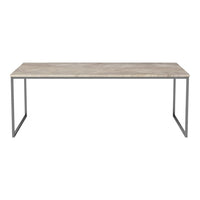 Light gray tabletop with natural wood grain and sleek silver metal legs. Modern design for stylish decor.