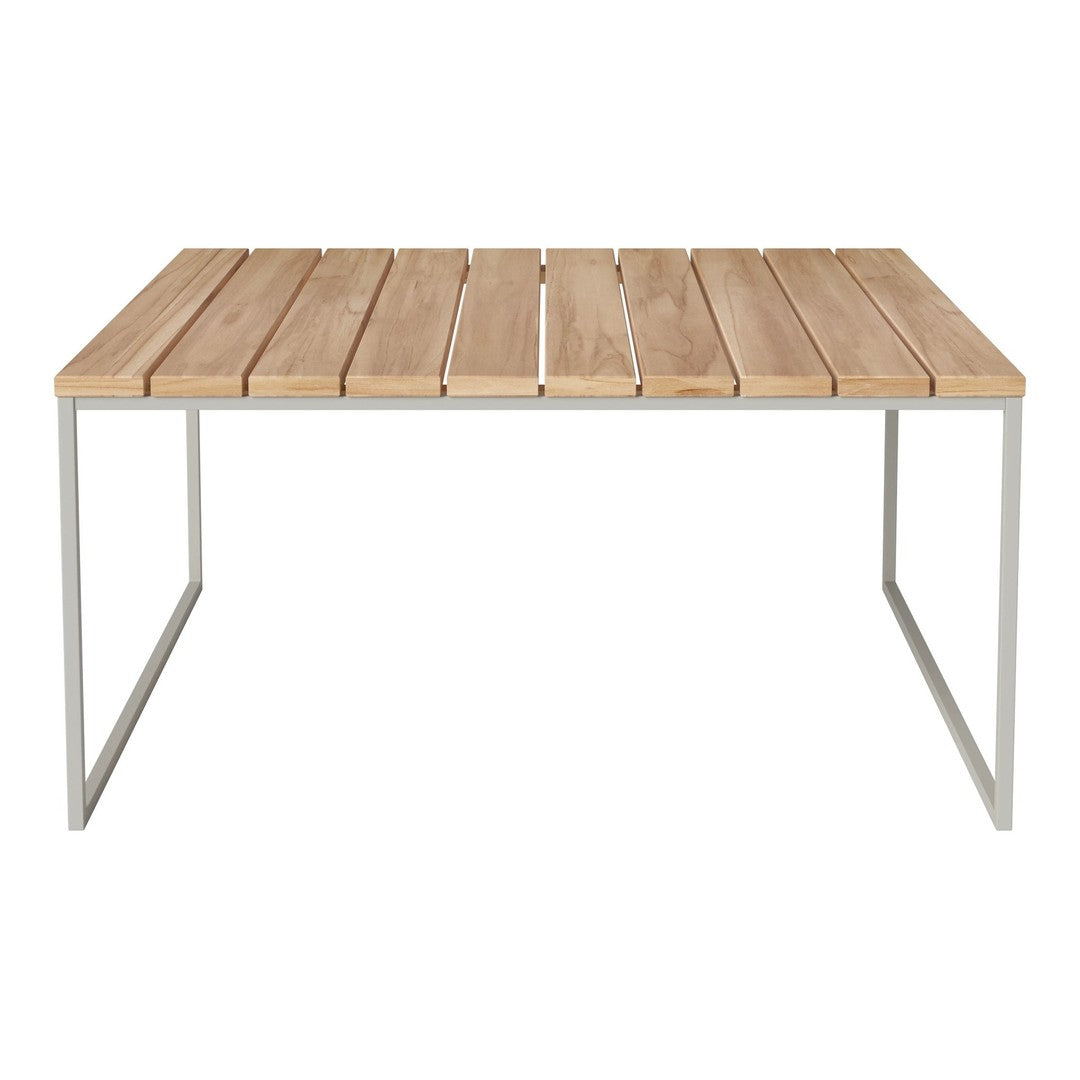 Neutral wooden slat tabletop with natural grain pattern, supported by a sleek silver metal frame.