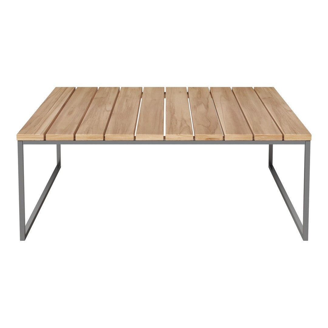 Natural wood finish with slatted design and sleek gray metal legs for a modern look. Perfect for contemporary spaces.