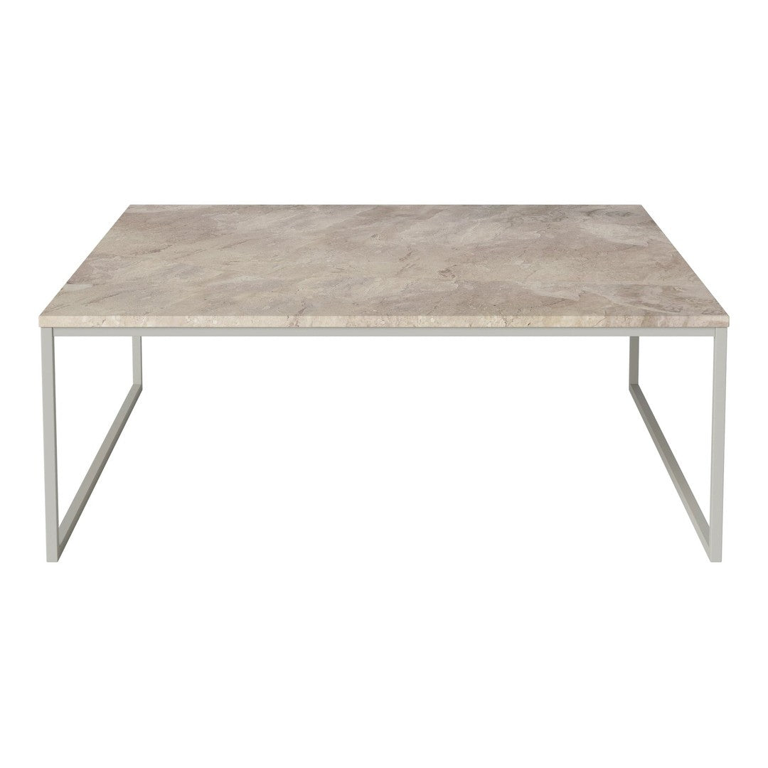 "Rectangular coffee table with a light gray marble top and sleek silver metal legs, featuring a minimalist design."