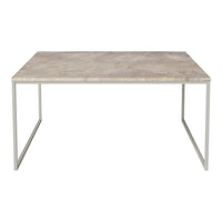 Rectangular table with a light gray, textured surface and a sleek, minimalist silver metal frame.