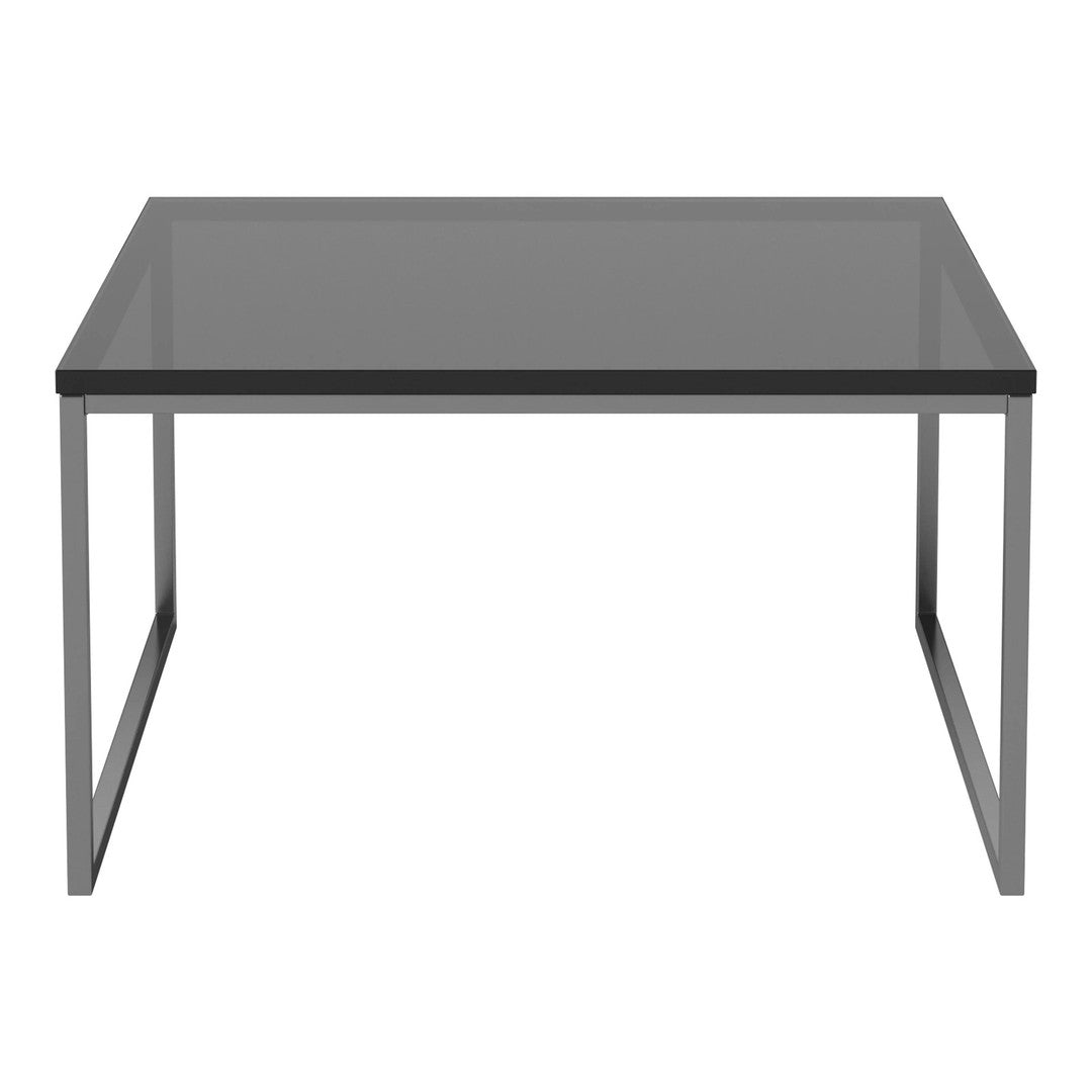 Modern square table with a sleek black glass top and minimalist silver metal frame, perfect for contemporary decor.