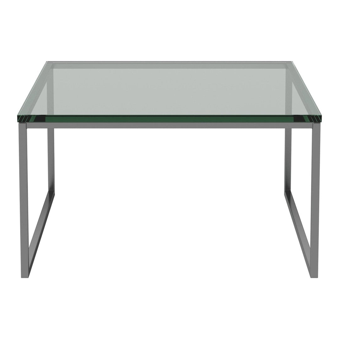 Modern glass coffee table with a sleek silver frame and clear top, designed for a minimalist aesthetic.