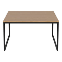 Natural wood grain tabletop with a sleek black metal frame, modern and minimalist design. Perfect for any space.