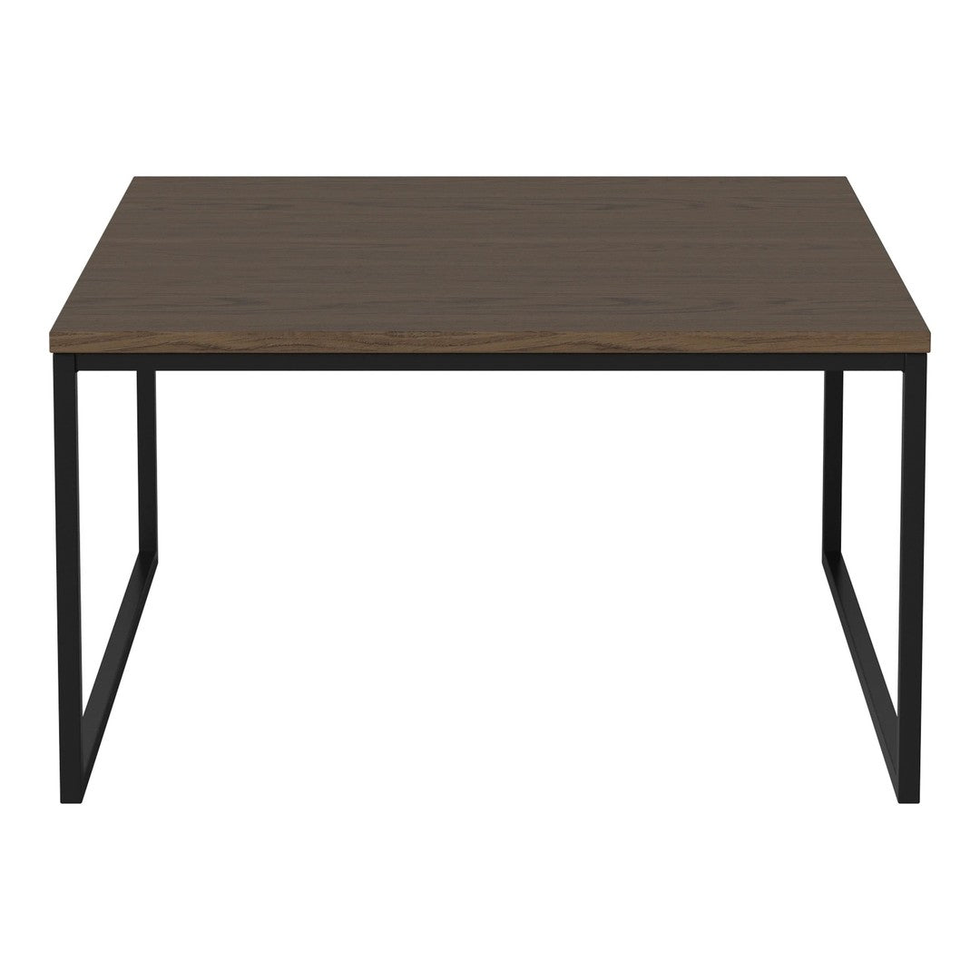 Brown wood tabletop with a smooth finish, framed by sleek black metal legs in a minimalist design.