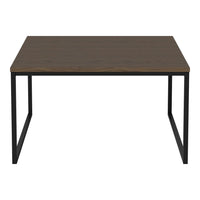 Brown wood tabletop with a smooth finish, framed by sleek black metal legs in a minimalist design.
