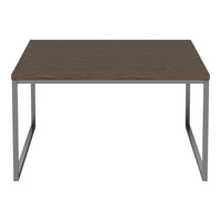 Square table with a rich brown wood top and sleek silver metal legs, featuring a minimalist design.