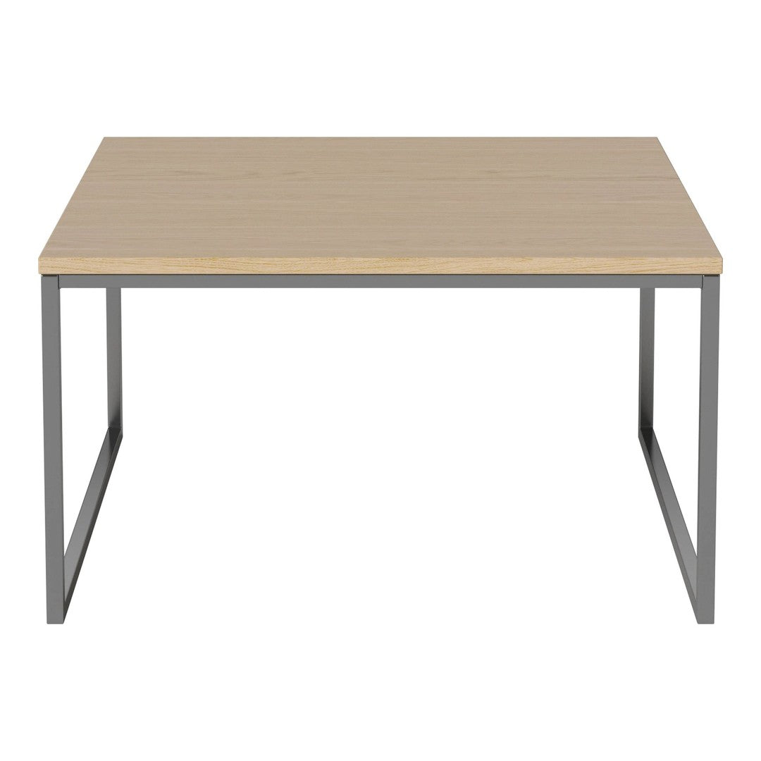 Light wood tabletop with a smooth finish, paired with a sleek gray metal frame in a minimalist design.