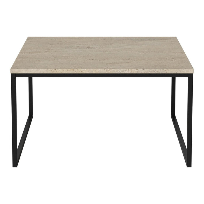 Light beige tabletop with a smooth texture, supported by a sleek black metal frame. Minimalist design for modern decor.