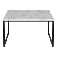 Marble-patterned white tabletop with sleek black metal legs, modern minimalistic design for versatile decor.