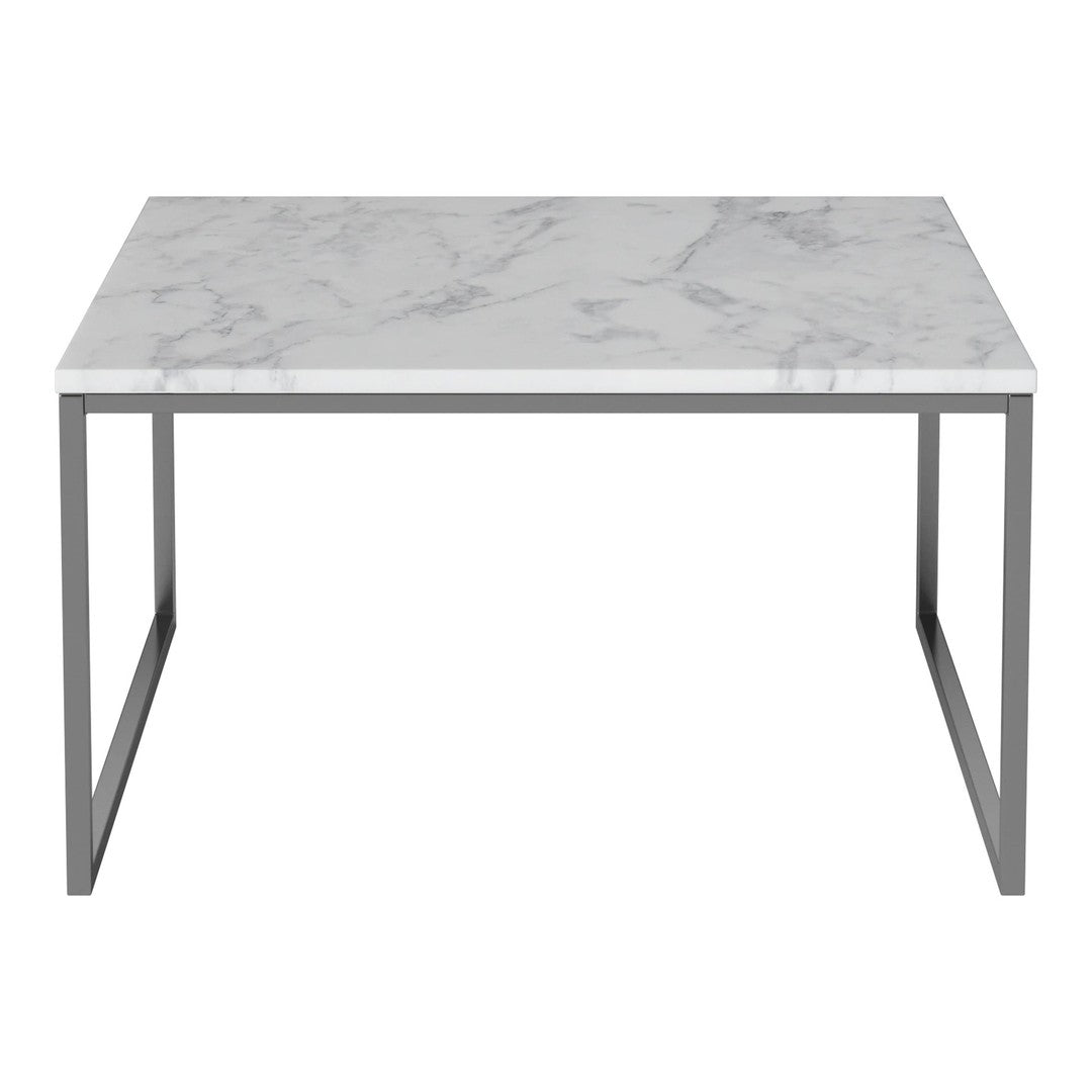 Marble-patterned white tabletop with gray veining on a sleek silver metal frame. Ideal for modern decor.