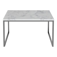 Marble-patterned white tabletop with gray veining on a sleek silver metal frame. Ideal for modern decor.