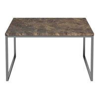 "Rectangular table with a dark brown marble-patterned top and sleek gray metal legs."
