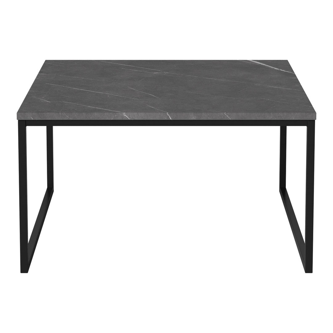 Square black marble table with white veining and a sleek black metal frame, perfect for modern decor.