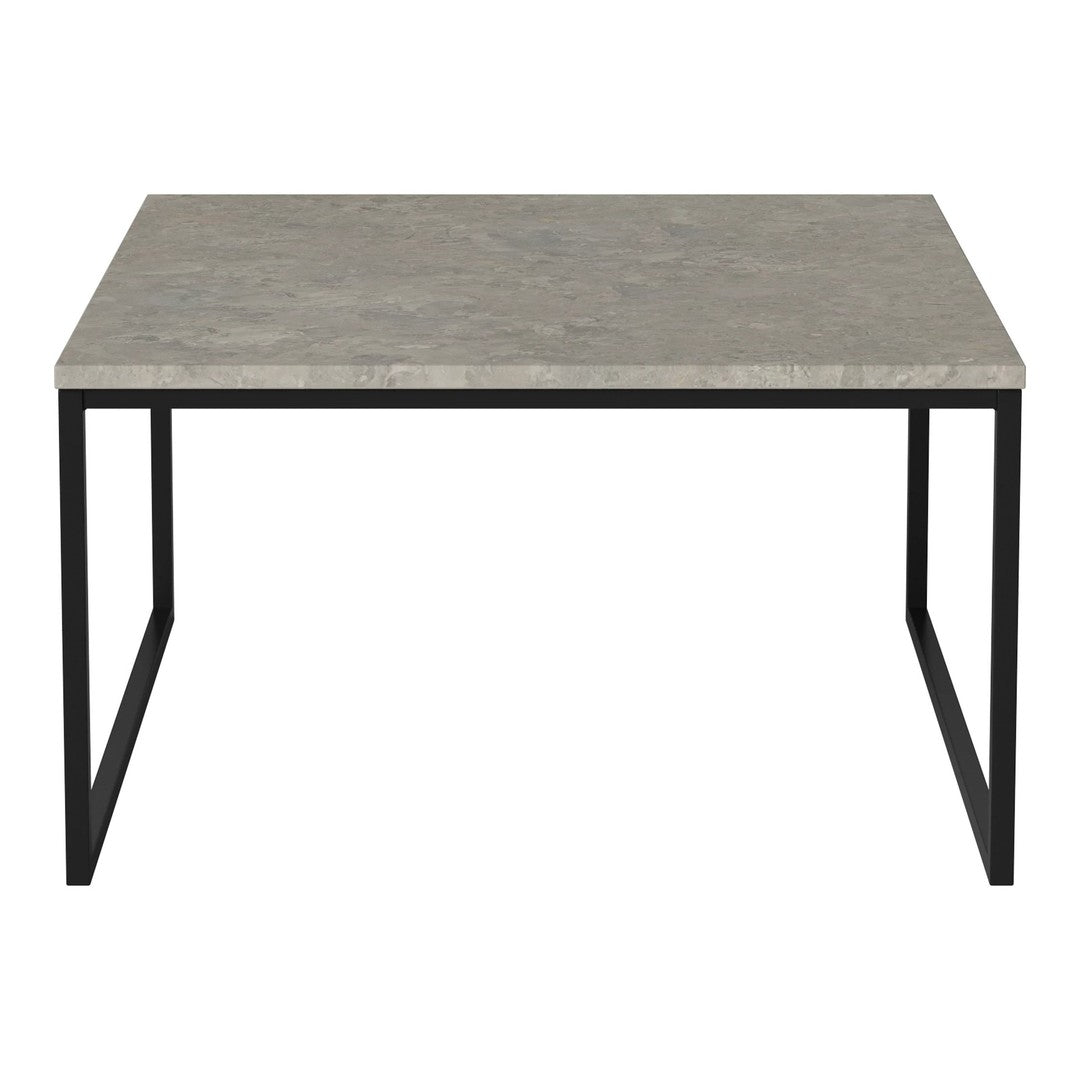 Gray stone tabletop with a matte finish and sleek black metal legs for a modern, minimalist look.
