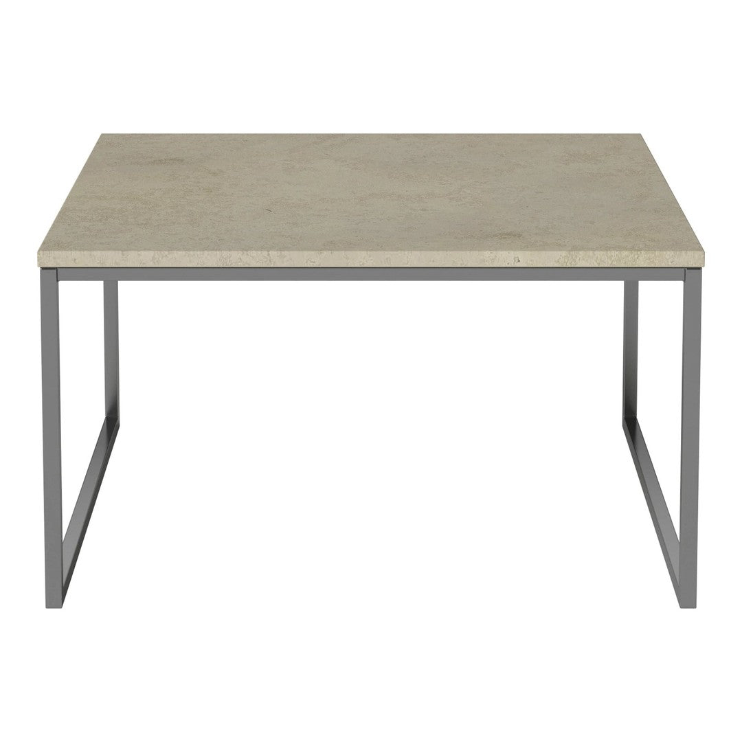 "Light gray concrete tabletop with a sleek, minimalist metal frame, featuring clean lines and a modern aesthetic."