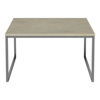 "Light gray concrete tabletop with a sleek, minimalist metal frame, featuring clean lines and a modern aesthetic."
