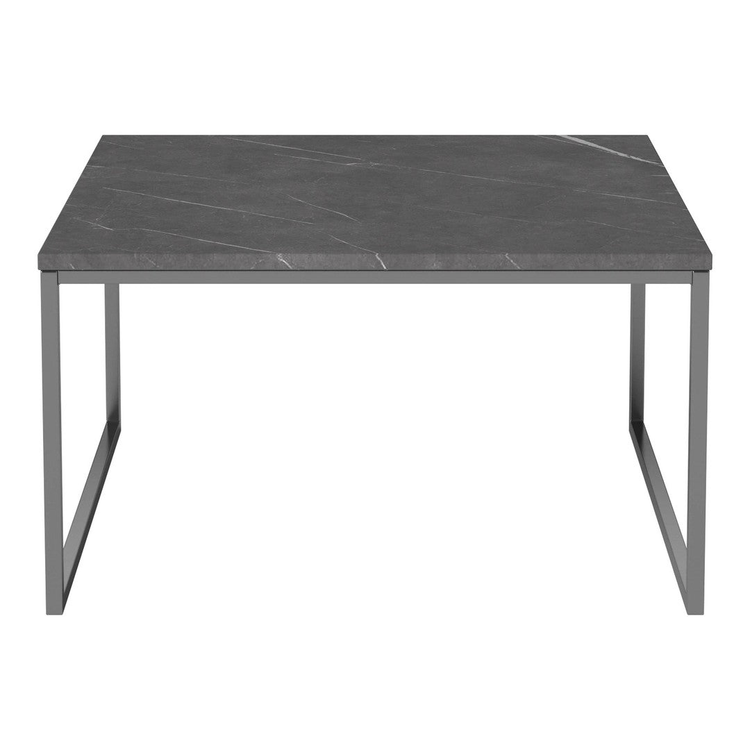 Modern square table with a sleek gray marble top and minimalist silver metal legs. Perfect for contemporary decor.
