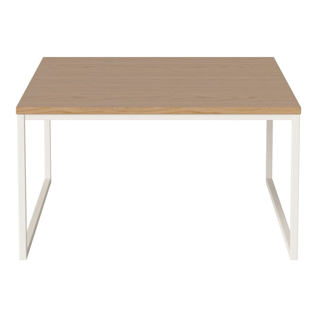 Natural wood tabletop with a light oak finish and sleek white metal legs, minimalist design for modern decor.