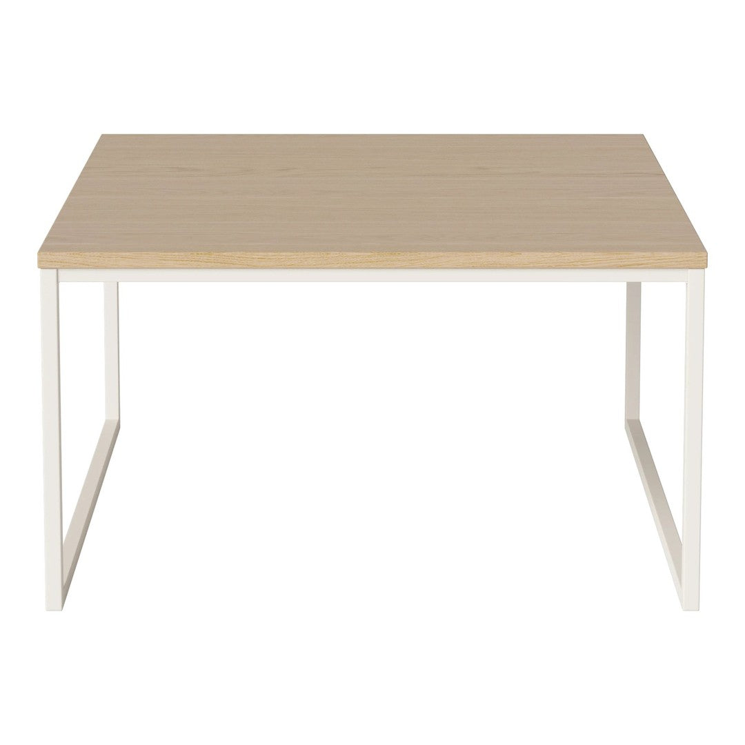 Light wood tabletop with a smooth finish and white metal legs, simple and modern design with no patterns.
