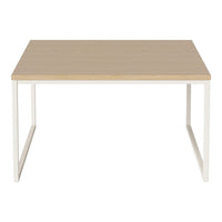 Light wood tabletop with a smooth finish and white metal legs, simple and modern design with no patterns.