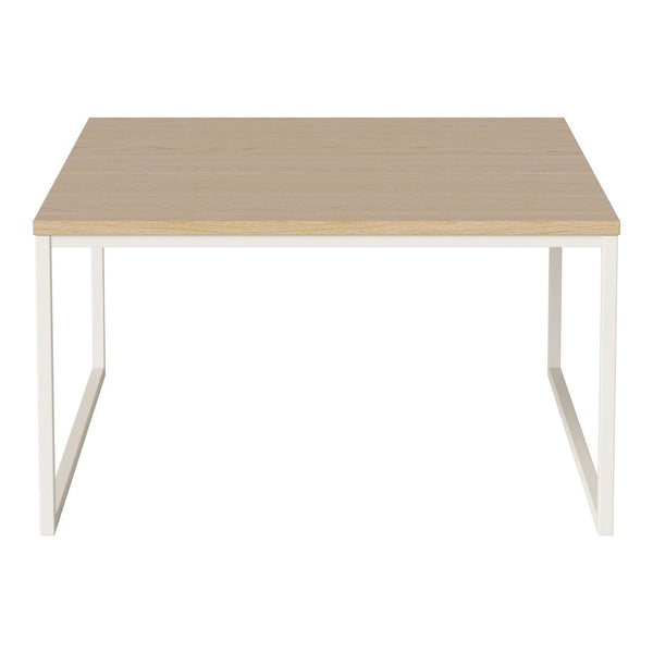 Light wood tabletop with a smooth finish and white metal legs, simple and modern design with no patterns.