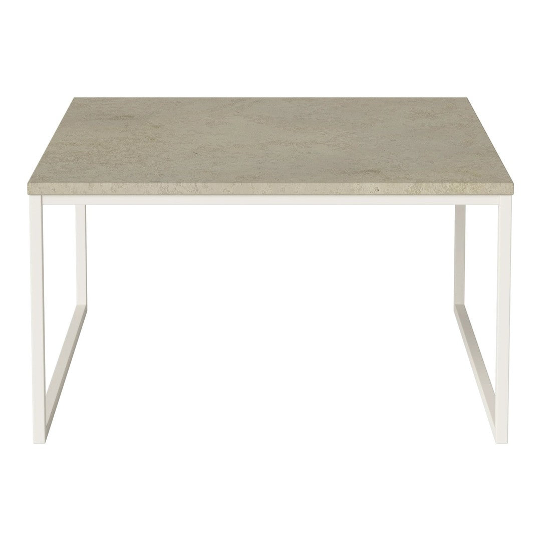 Light gray concrete tabletop with a sleek white metal frame, featuring a minimalist design with clean lines.