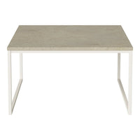 Light gray concrete tabletop with a sleek white metal frame, featuring a minimalist design with clean lines.
