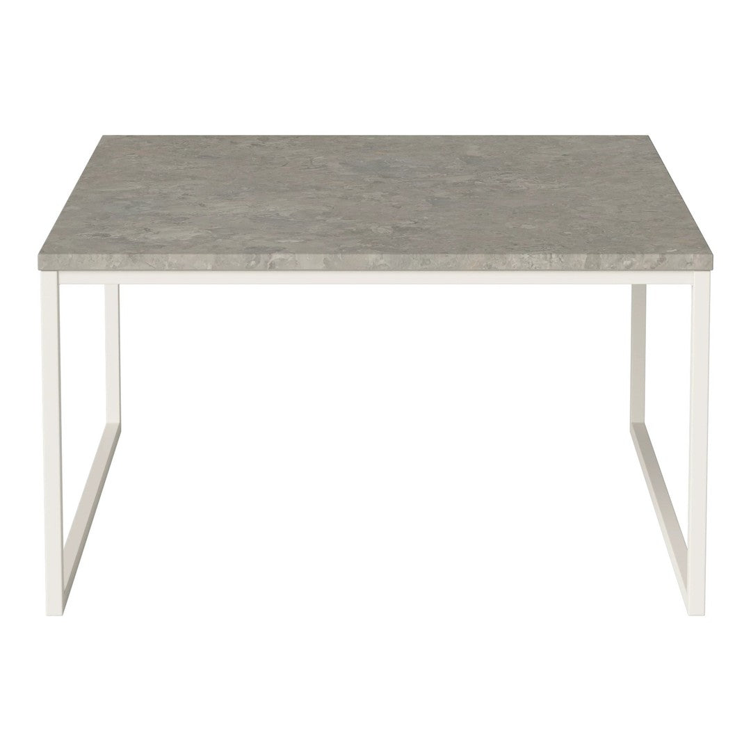 Gray stone tabletop with a smooth finish, supported by a sleek white metal frame. Modern minimalist design.