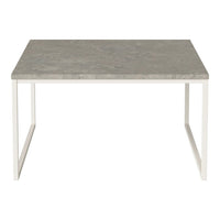 Gray stone tabletop with a smooth finish, supported by a sleek white metal frame. Modern minimalist design.
