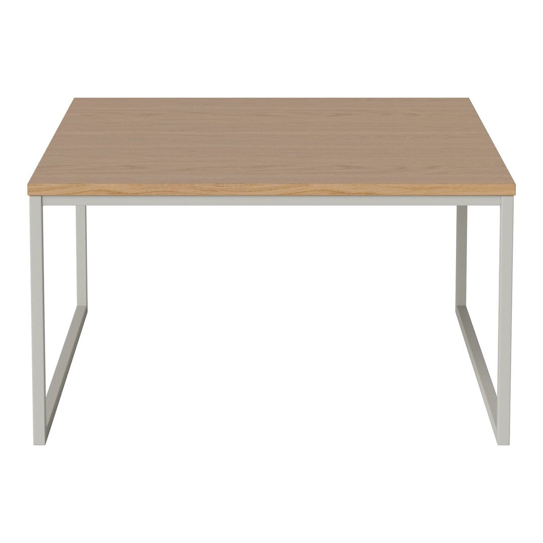 Light wood tabletop with a natural finish and sleek silver metal legs, offering a modern minimalist design.