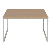 Light wood tabletop with a natural finish and sleek silver metal legs, offering a modern minimalist design.
