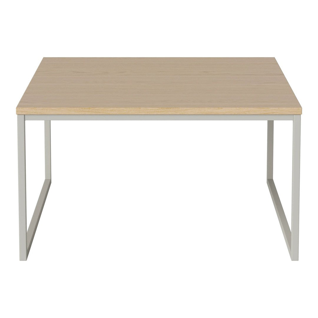 Light wood tabletop with a smooth finish, supported by a sleek silver metal frame. Simple and modern design.