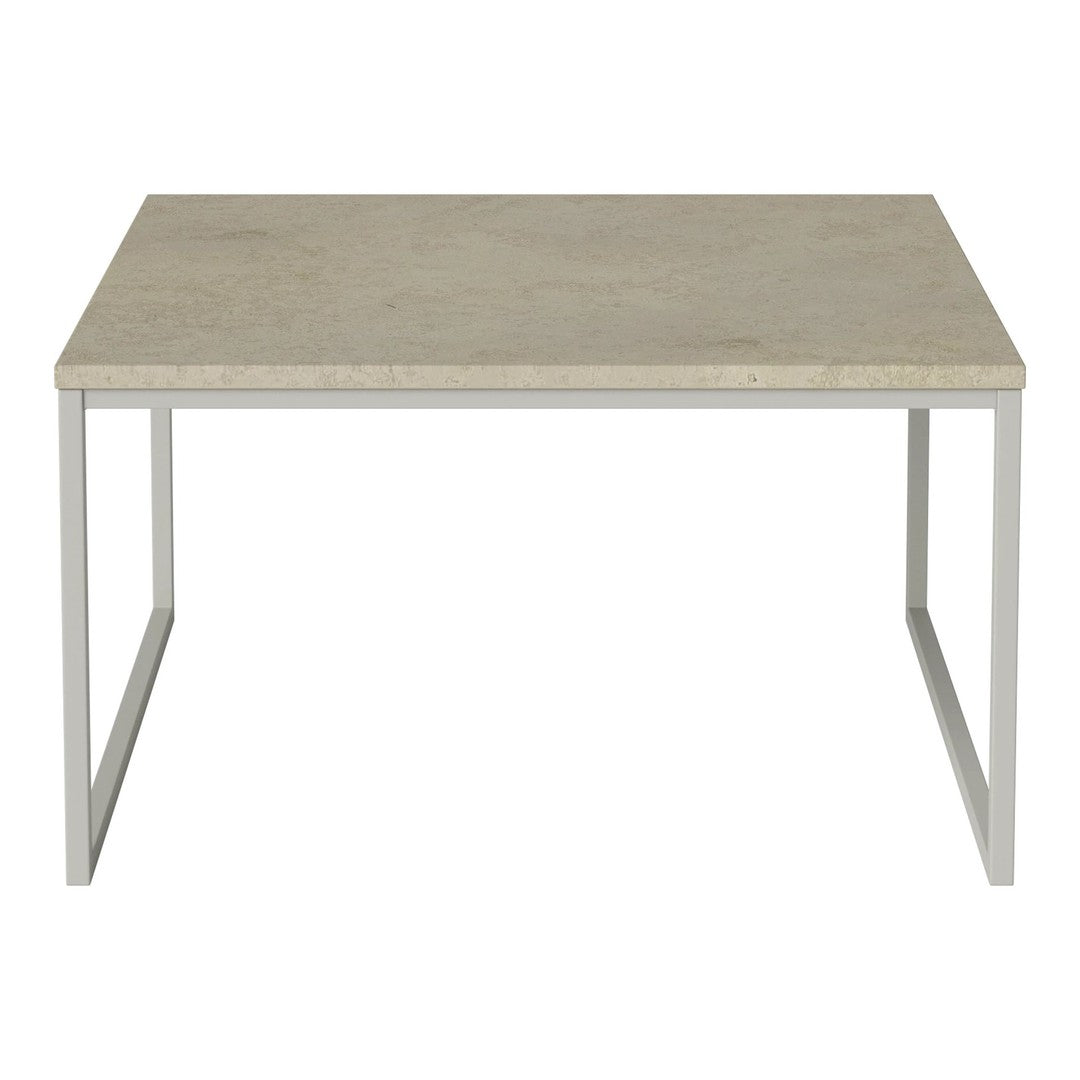 Gray concrete tabletop with a smooth finish, complemented by a sleek white metal frame. Modern minimalist design.