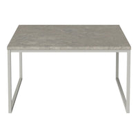 Gray marble tabletop with subtle veining, supported by a sleek, minimalist metal base in brushed silver.