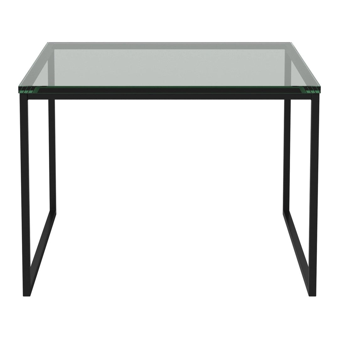 Clear glass top table with sleek black metal frame, featuring a minimalist design and modern aesthetic.