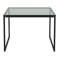 Clear glass top table with sleek black metal frame, featuring a minimalist design and modern aesthetic.