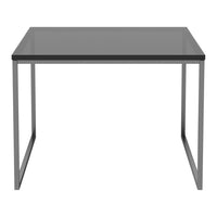 "Modern square table with a sleek gray top and minimalist silver legs, perfect for contemporary decor."