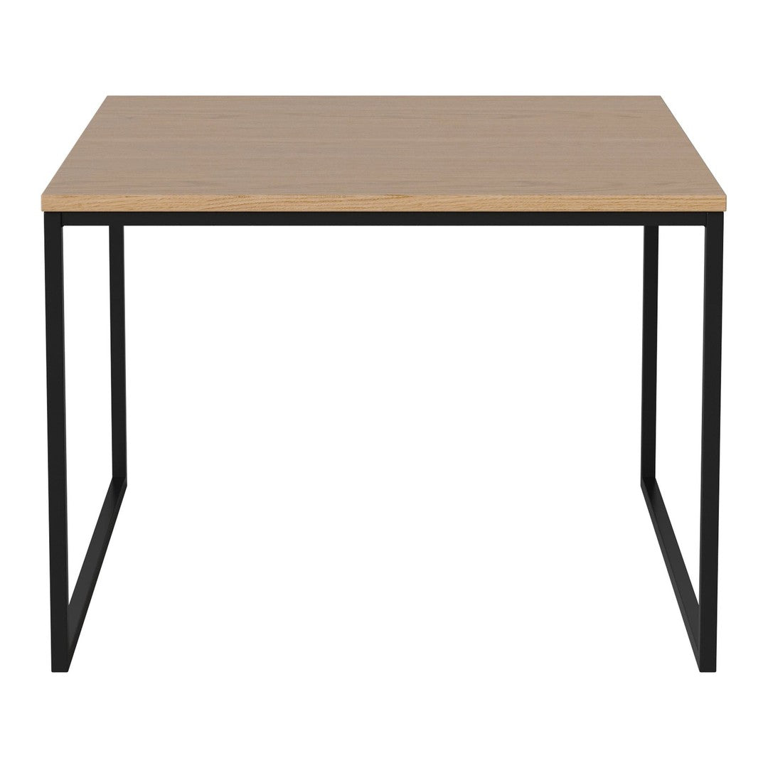Light wood tabletop with natural grain pattern, paired with sleek black metal legs in a minimalist design.
