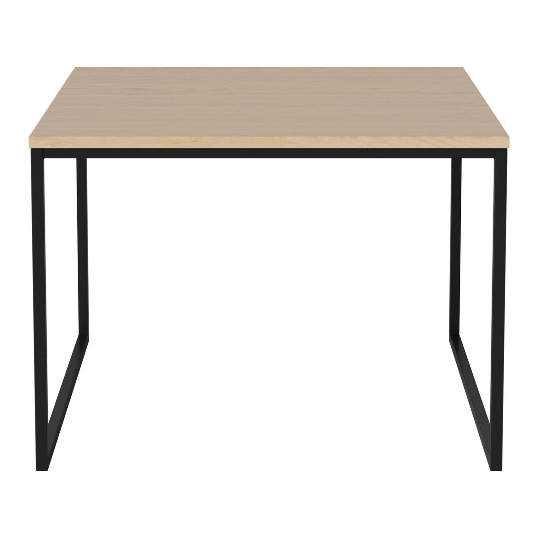 "Minimalist square table featuring a light wood top and black metal frame."