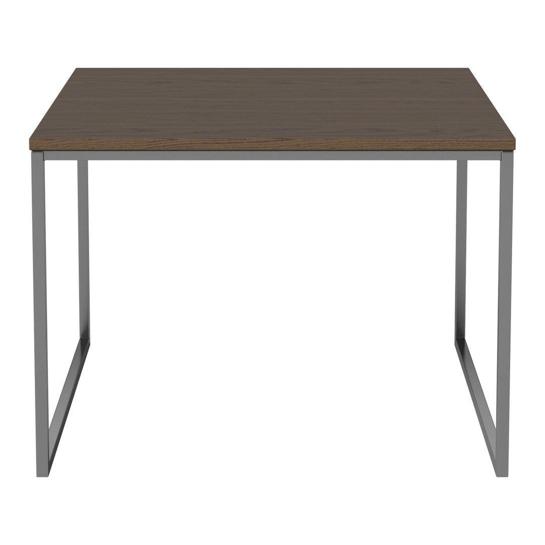 Square brown wooden tabletop with a sleek gray metal frame, featuring a modern and minimalistic design.