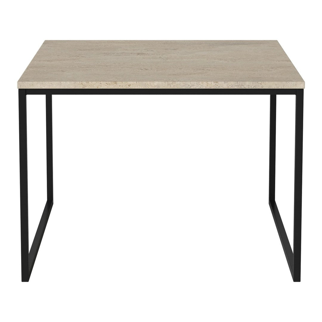 Light gray tabletop with a natural stone finish paired with a sleek black metal frame. Modern and minimalistic design.